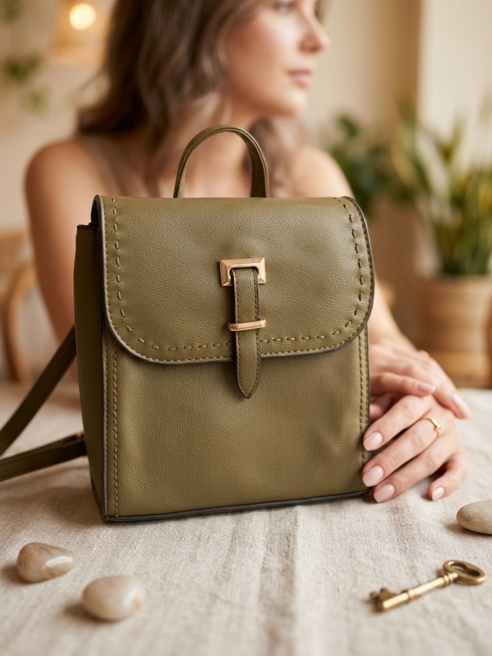 Olive Green Faux Leather Mini Backpack Crossbody Bag